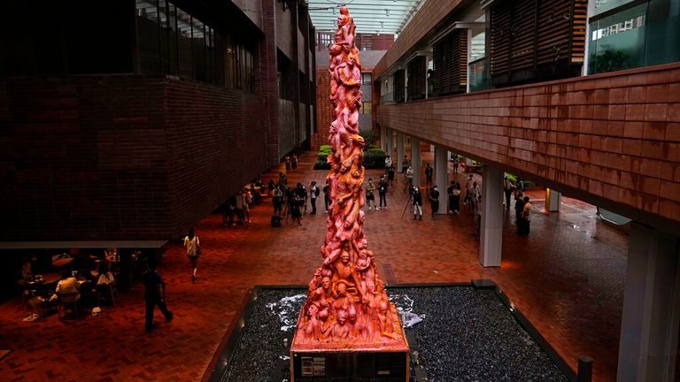 FILE - In this Oct. 13, 2021 file photo, the "Pillar of Shame" statue, a memorial for those killed in the 1989 Tiananmen crackdown, is displayed at the University of Hong Kong. A monument at a Hong Kong university that commemorated the 1989 Tiananmen massacre was boarded up by workers late Wednesday, prompting fears over the future of the monument as the city...s authorities crack down on dissent. (AP Photo/Kin Cheung, File)