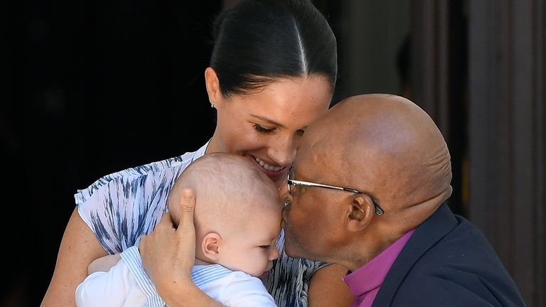 Britain&#39;s Meghan, Duchess of Sussex, holding her son Archie, meets Archbishop Desmond Tutu at the Desmond & Leah Tutu Legacy Foundation in Cape Town, South Africa, September 25, 2019. REUTERS/Toby Melville/Pool
