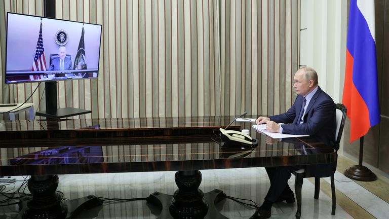 Mr Putin talks to Mr Biden in Sochi, Russia December 7, 2021
