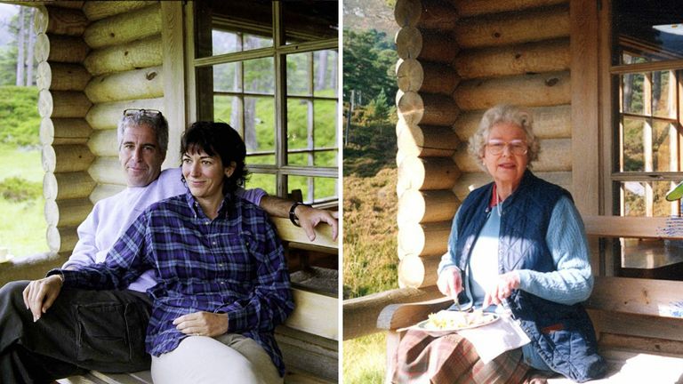 Newly released photographs show Ghislaine Maxwell and Jeffrey Epstein relaxing  at a cabin thought to be porch of the Queen&#39;s log cabin in Glen Beg