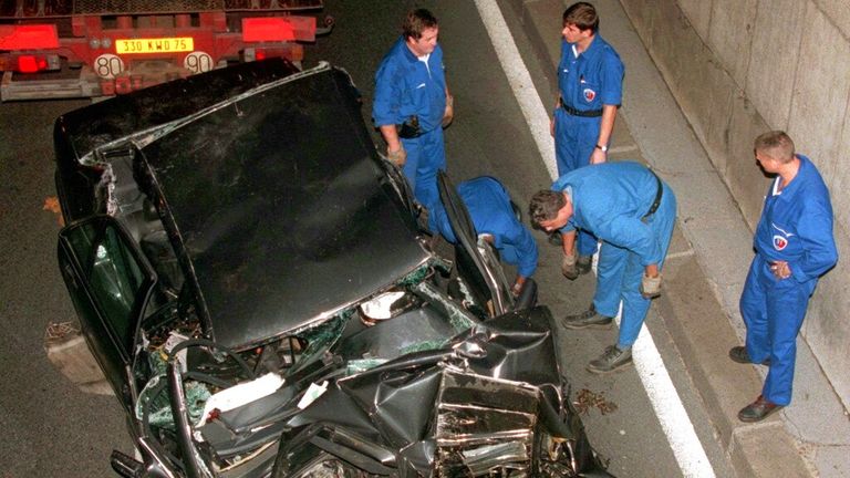 Diana’s car under the Pont d&#39;Alma in Paris after it crashed. Pic: AP