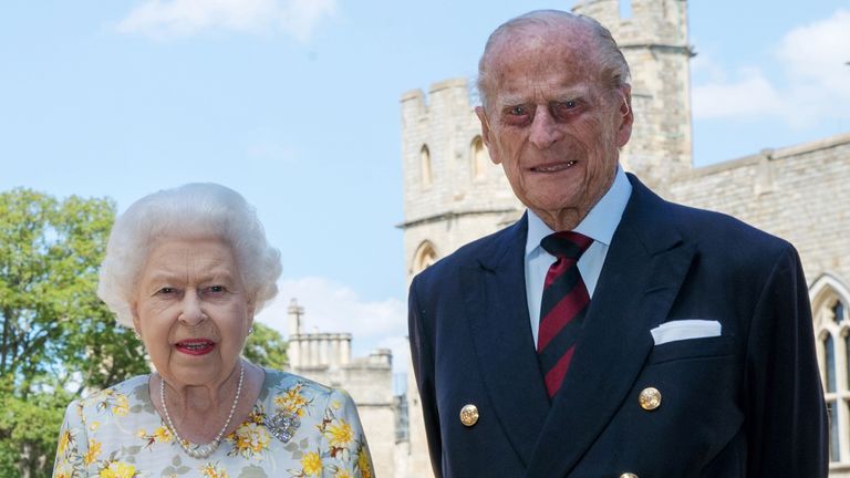 The Queen and Duke of Edinburgh inside 'HMS Bubble' at Windsor in April 2020