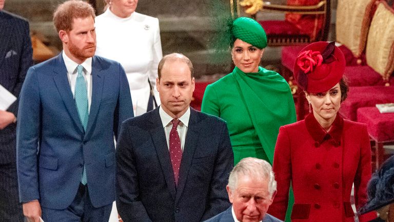 Meghan and Harry behind William and Kate at the Commonwealth Day service in early March 2020. Pic: AP