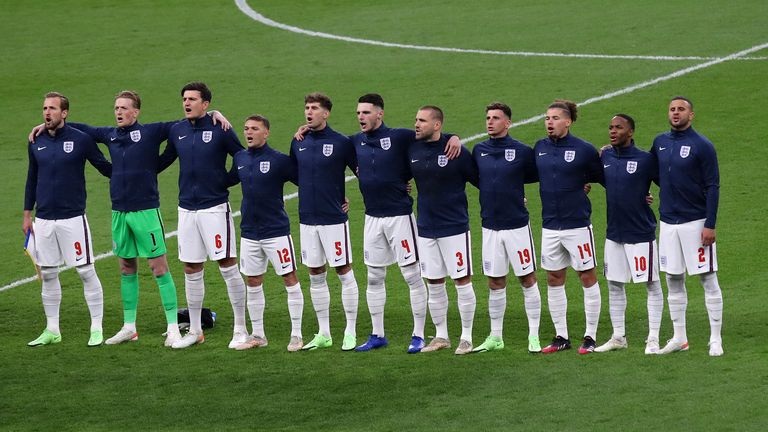 England players sing the national anthem before the Euro2020 final. Pic: AP