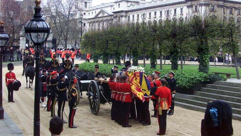 The coffin of the Queen Mother outside Westminster Hall before being taken to Westminster Abbey 