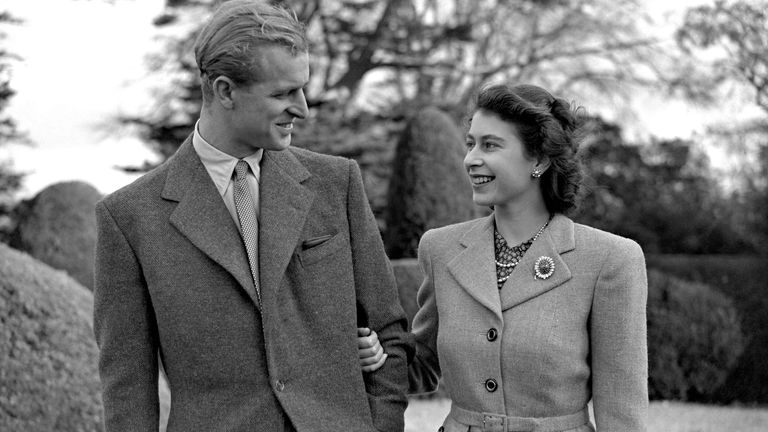 EMBARGOED TO 2230 GMT Thursday December 23, 2021. File photo dated 23/11/1947 of Princess Elizabeth enjoying a stroll with her husband, The Duke of Edinburgh, at Broadlands, Hampshire, during their first public appearance since their wedding. In her Christmas broadcast, The Queen is seen wearing the same chrysanthemum brooch, which she also wore in photographs taken at the same venue to mark their Diamond Wedding Anniversary in 2007. Issue date: Thursday December 23, 2021.