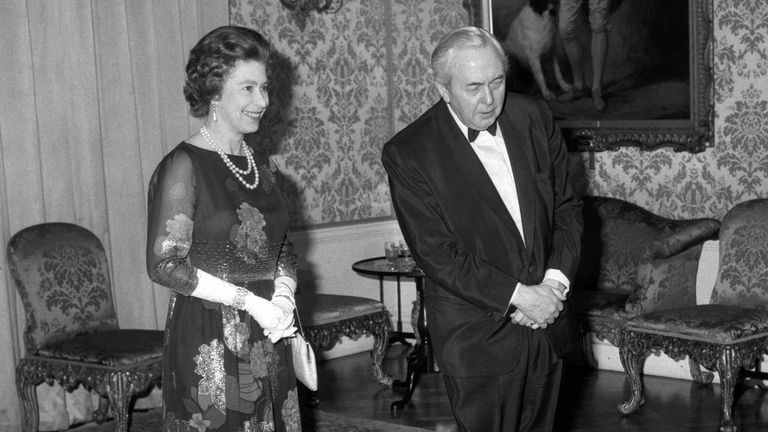 A relaxed atmosphere is obvious as Harold Wilson, the retiring Prime Minister, escorts the Queen to the State Room at 10 Downing Street where Mr and Mrs Wilson will entertain her Majesty at a farewell dinner.