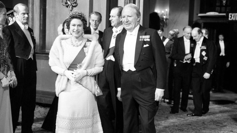 The Queen, Prime Minister Edward Heath and the Duke of Edinburgh (centre, background) in the foyer of the Royal Opera House, Covent Garden, London. They attended a gala launching &#39;Fanfare for Europe&#39;, the official festival marking Britain&#39;s entry into the Common Market.