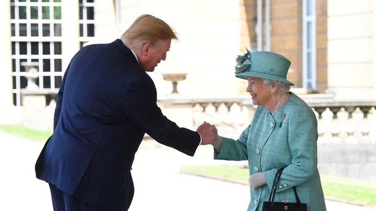 Britain&#39;s Queen Elizabeth II greets U.S. President Donald Trump as he arrives for the Ceremonial Welcome at Buckingham Palace, in London, Britain June 3, 2019. Victoria Jones/Pool via REUTERS
