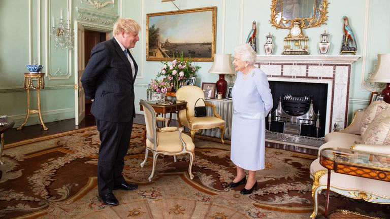 Queen Elizabeth II greets Prime Minister Boris Johnson at an audience at Buckingham Palace, London, the Queen&#39;s first in-person weekly audience with the Prime Minister since the start of the coronavirus pandemic. Picture date: Wednesday June 23, 2021.