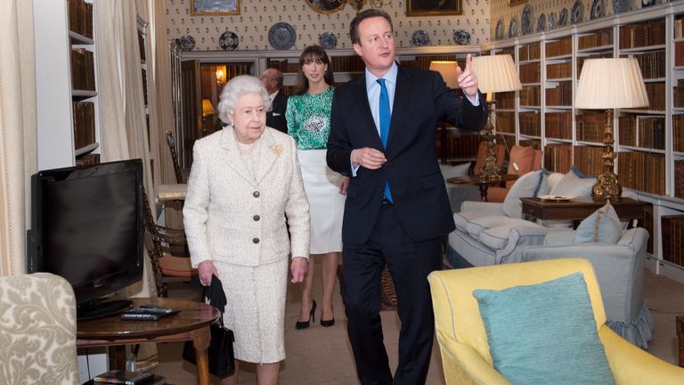 Queen Elizabeth II is shown around Chequers  by Prime Minister David Cameron where she and the Duke of Edinburgh had lunch with the PM and his wife Samantha.