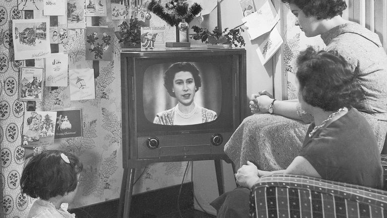 The Smart family from Walthamstow watch the Queen&#39;s Christmas message on television in 1957