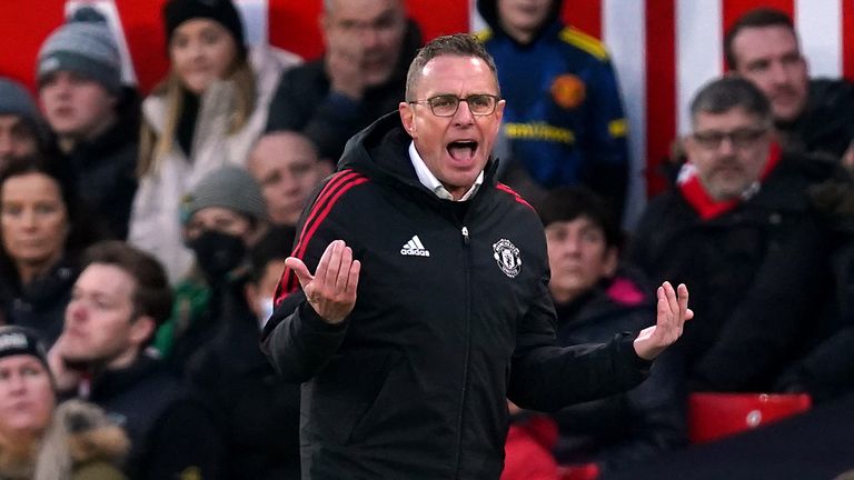 Manchester United interim manager Ralf Rangnick on the touchline during the Premier League match at Old Trafford, Manchester. Picture date: Sunday December 5, 2021.
