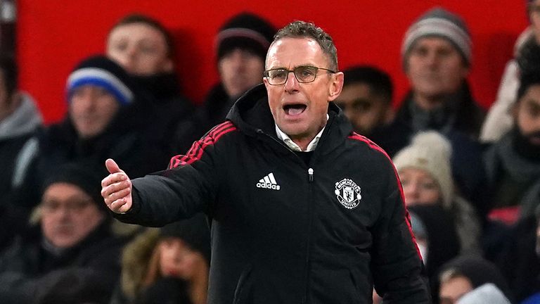 Manchester United interim manager Ralf Rangnick on the touchline during the Premier League match at Old Trafford, Manchester. Picture date: Sunday December 5, 2021.
