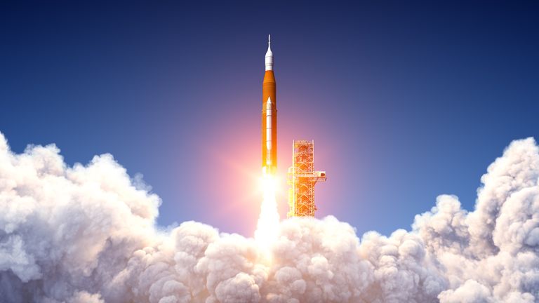 Big Heavy Rocket Space Launch System Launch. 3D Illustration