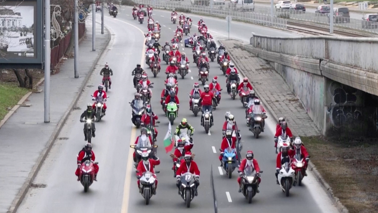 Bulgarian biker Santas roar through Sofia bringing Christmas cheer