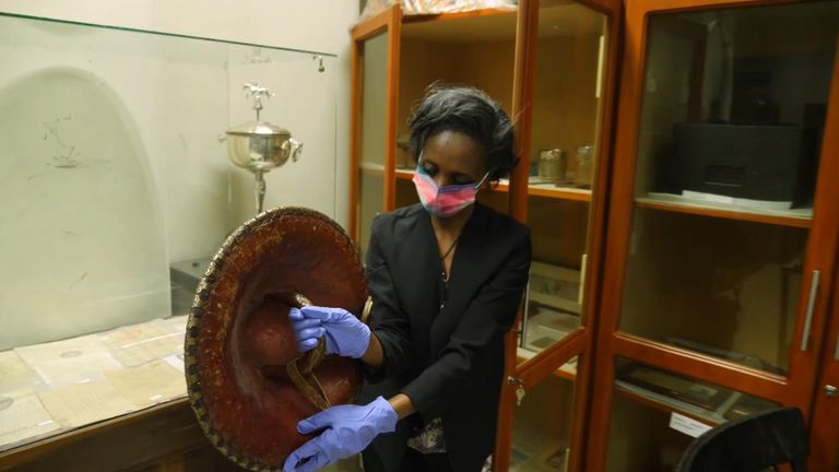 Soldiers took shields used by Ethiopian forces after the Battle of Magdala