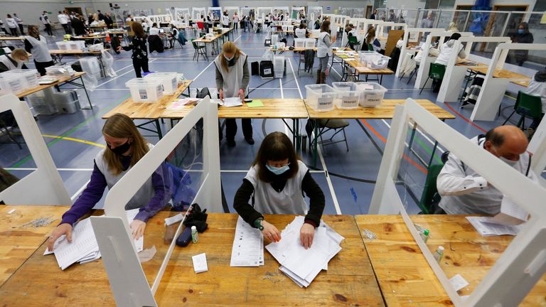 Election staff count ballot papers at Shrewsbury Sports Village in Shrewsbury, Shropshire, Britain December 16, 2021. REUTERS/Ed Sykes
