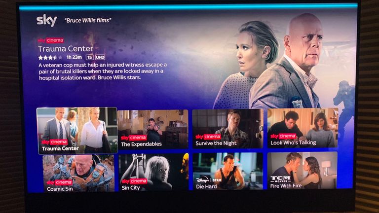 Sky Glass displays scrolling page of Bruce Willis movies in response to voice command