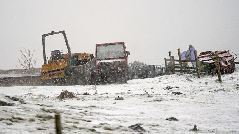 Snow falls near equipment on the A66 between Stainmore and Bowes as Storm Barra hit the UK and Ireland with disruptive winds, heavy rain and snow on Tuesday. Picture date: Tuesday December 7, 2021.
