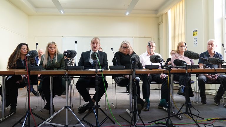 The families of Stephen Port&#39;s victims at Barking Town Hall in east London, after an inquest jury found that police failures in the investigation into the death of Port&#39;s first victim Anthony Walgate "probably" contributed to the death of Gabriel Kovari, the second young gay man to die in almost identical circumstances in Barking, east London. Picture date: Friday December 10, 2021.
