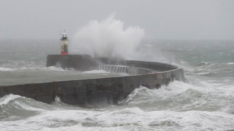 Large waves hit the harbour wall as storm Barra brings severe weather to Newhaven, Britain, December 7, 2021. REUTERS/Matthew Childs
