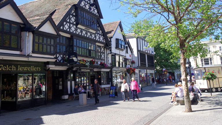 Taunton town centre with half timbered shops and houses