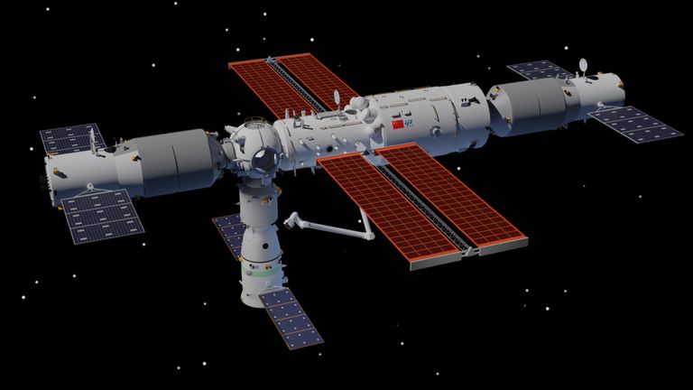 The Tiangong space station as it looked in 2021. The two extra modules being added in 2022 will be joined to the side. Pic: Wikicommons/Shujianyang