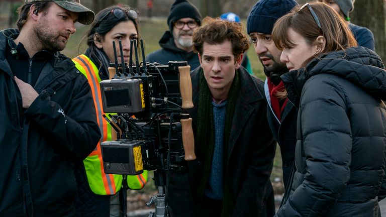 Andrew Garfield and Miranda on location in New York. Pic: Macall Polay/Netflix