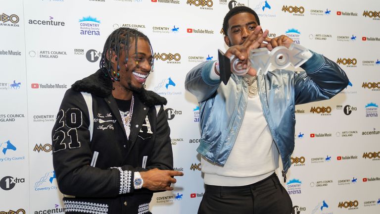 Tion Wayne (R) and Russ Millions after winning song of the year at the Mobo Awards at Coventry Building Society Arena, Coventry. Picture date: Sunday December 5, 2021.