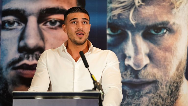 Tommy Fury, pictured at an earlier press conference, has pulled out of a brawl against Jake Paul due to a medical condition. 