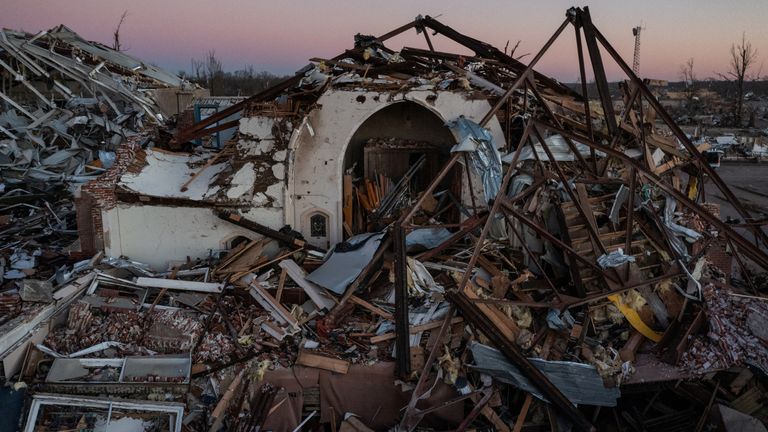 The First Presbyterian Church is seen destroyed in the aftermath of a tornado in Mayfield, Kentucky, U.S. December 13, 2021. Picture taken with a drone. REUTERS/Adrees Latif
