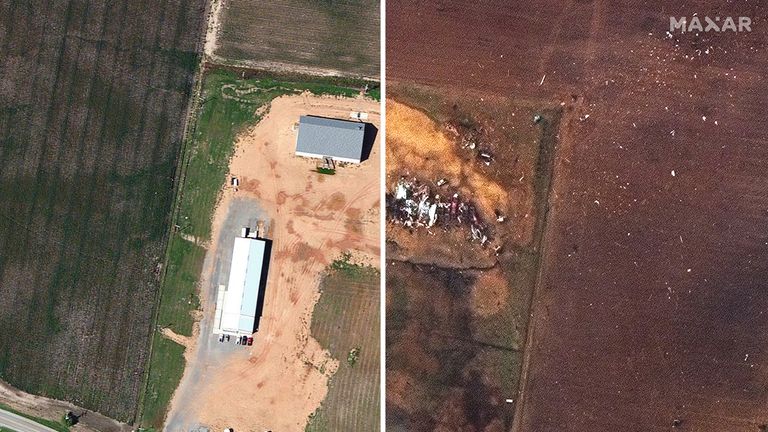 Before and after pictures show a candle factory destroyed by a tornado. Pics: ©2021 Maxar Technologies