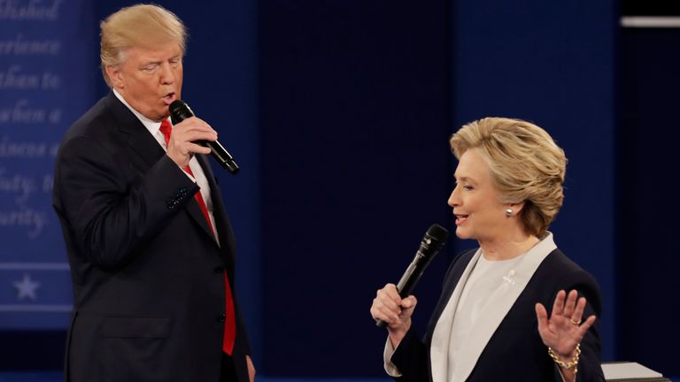 Republican presidential nominee Donald Trump and Democratic presidential nominee Hillary Clinton speak during the second presidential debate. Pic Associated Press. 