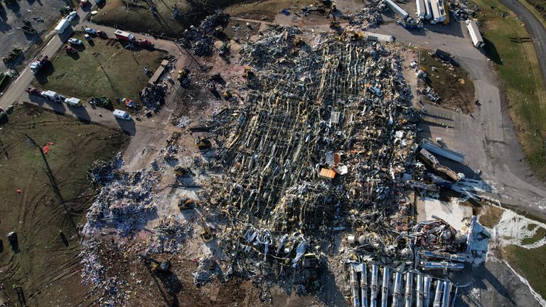 Devastating tornadoes rip through several U.S. states
A general view of damage and debris of a candle factory after a devastating outbreak of tornadoes ripped through several U.S. states, in Mayfield, Kentucky, U.S., December 11, 2021. Picture taken with a drone. REUTERS/Cheney Orr TPX IMAGES OF THE DAY