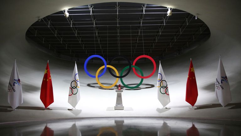 The Olympic flame is displayed at the Olympic Tower in the Olympic park in Beijing, China on Nov. 18, 2021. ( The Yomiuri Shimbun via AP Images )