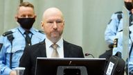 Anders Behring Breivik on the third day of the hearing in a makeshift courtroom in Skien prison, Skien, Norway. Pic: AP