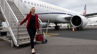 22/01/2022. Adelaide, Australia. Foreign Secretary Liz Truss arrives in Adelaide airport ahead of visiting Osborne Naval Shipyard to see the construction of the Type 26 Hunter Frigates by BAE Systems. Picture by Simon Dawson / No 10 Downing Street