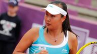 China&#39;s Shuai Peng reacts as she plays against Sweden&#39;s Sofia Arvidsson, during the quarter finals of the Brussels Open tennis tournament in Brussels, Thursday, May 19, 2011. (AP Photo/Yves Logghe)


