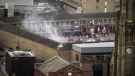 Smoke rising from Piece Hall in Halifax as Marvel films Secret Invasion