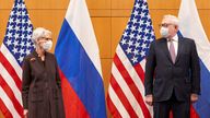 U.S. Deputy Secretary of State Wendy Sherman and Russian Deputy Foreign Minister Sergei Ryabkov attend security talks at the United States Mission in Geneva, Switzerland January 10, 2022