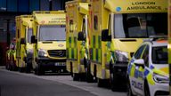 Ambulances and a police car stand parked outside the Royal London Hospital in the Whitechapel area of east London, Thursday, Jan. 6, 2022.
PIC:AP