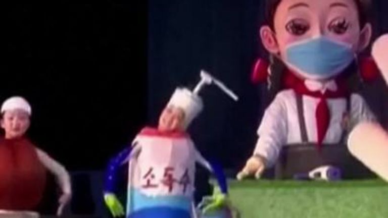 North Korean children took to the stage in hand sanitiser and thermometer costumes, illustrating measures to prevent the spread of coronavirus.
