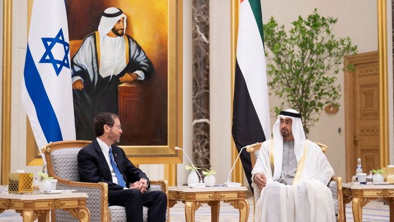 FILE PHOTO: Israeli President Isaac Herzog meets with Abu Dhabi&#39;s Crown Prince Sheikh Mohammed bin Zayed al-Nahyan in Abu Dhabi, United Arab Emirates January 30, 2022. Mohamed Al Hammadi/Ministry of Presidential Affairs/WAM/Handout via REUTERS ATTENTION EDITORS - THIS IMAGE HAS BEEN SUPPLIED BY A THIRD PARTY./File Photo
