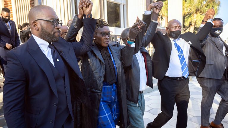 Ahmaud Arbery&#39;s mother, Wanda Cooper-Jones, after the sentences had been passed. Pic: AP