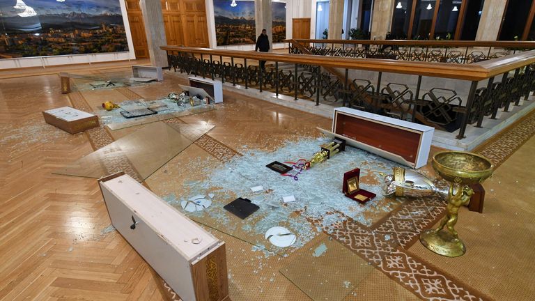 Debris litters the floor of the mayor&#39;s office building after it was stormed by demonstrators during protests triggered by fuel price increase in Almaty, Kazakhstan January 5, 2022. REUTERS/Stringer
