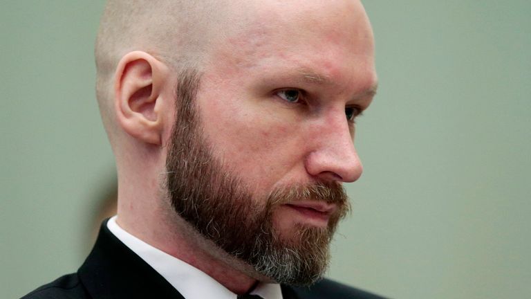 Anders Behring Breivik looks on during the last day of his appeal case in Borgarting Court of Appeal at Telemark prison in Skien, Norway, Wednesday, Jan. 18, 2017. Norway has defended the prison conditions under which mass murderer Anders Behring Breivik is being held. The state attorney presented its closing statement in an appeals trial against a lower court ruling that found that Breivik&#39;s isolation in prison violated his human rights. (Lise Aaserud/NTB Scanpix via AP)