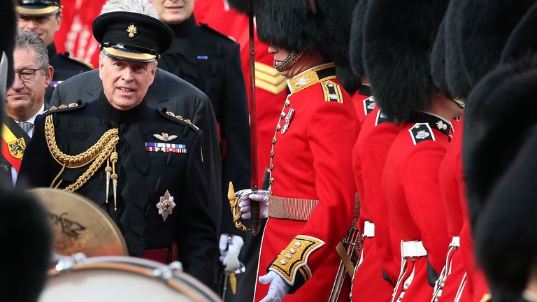 The Duke of York, in his role as colonel of the Grenadier Guards, inspects troops in Bruges to mark the 75th Anniversary of the liberation of the Belgian town