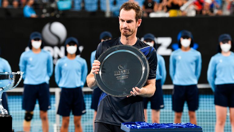 Andy Murray with the runners up trophy after his defeat to Aslan Karatsev in Sydney. Pic: Ap