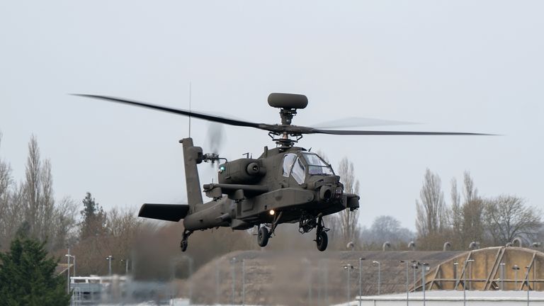 EMBARGOED TO 0001 FRIDAY JANUARY 21 The army&#39;s new Apache AH-64E attack helicopter is displayed at Wattisham Flying Station, Suffolk. Picture date: Thursday January 20, 2022.
